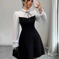 Sukienki - TEMU Elegancka Sukienka A-Line dla Kobiet z Falbanką na Kołnierzu i Kontrastowymi Rękawami Bąbelkowymi - Czarno-Różowy , Długi Rękaw, Okrągły Dekolt, - miniaturka - grafika 1