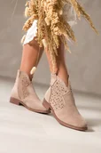 Botki damskie - Beżowe botki damskie płaskie ażurowa cholewka Carla S7476-7 - miniaturka - grafika 1