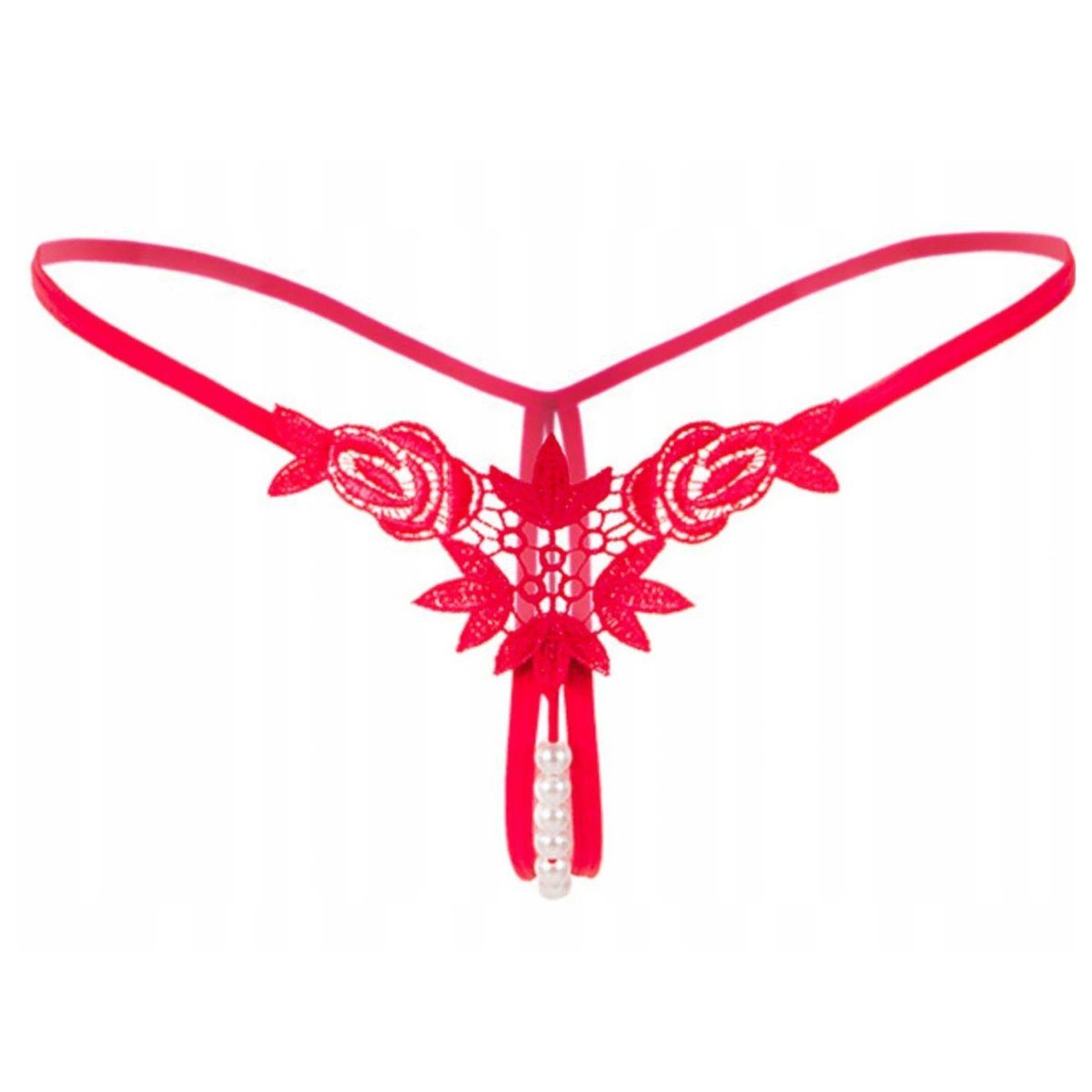 Stringi damskie czerwone paseczki z rozcięciem perełka - S/M