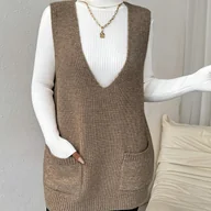 Swetry damskie - TEMU Elegancki brązowy top bez rękawów dla kobiet z dekoltem w serek i wykwintnymi detalami, idealny do noszenia na co dzień jesienią i zimą, styl - miniaturka - grafika 1