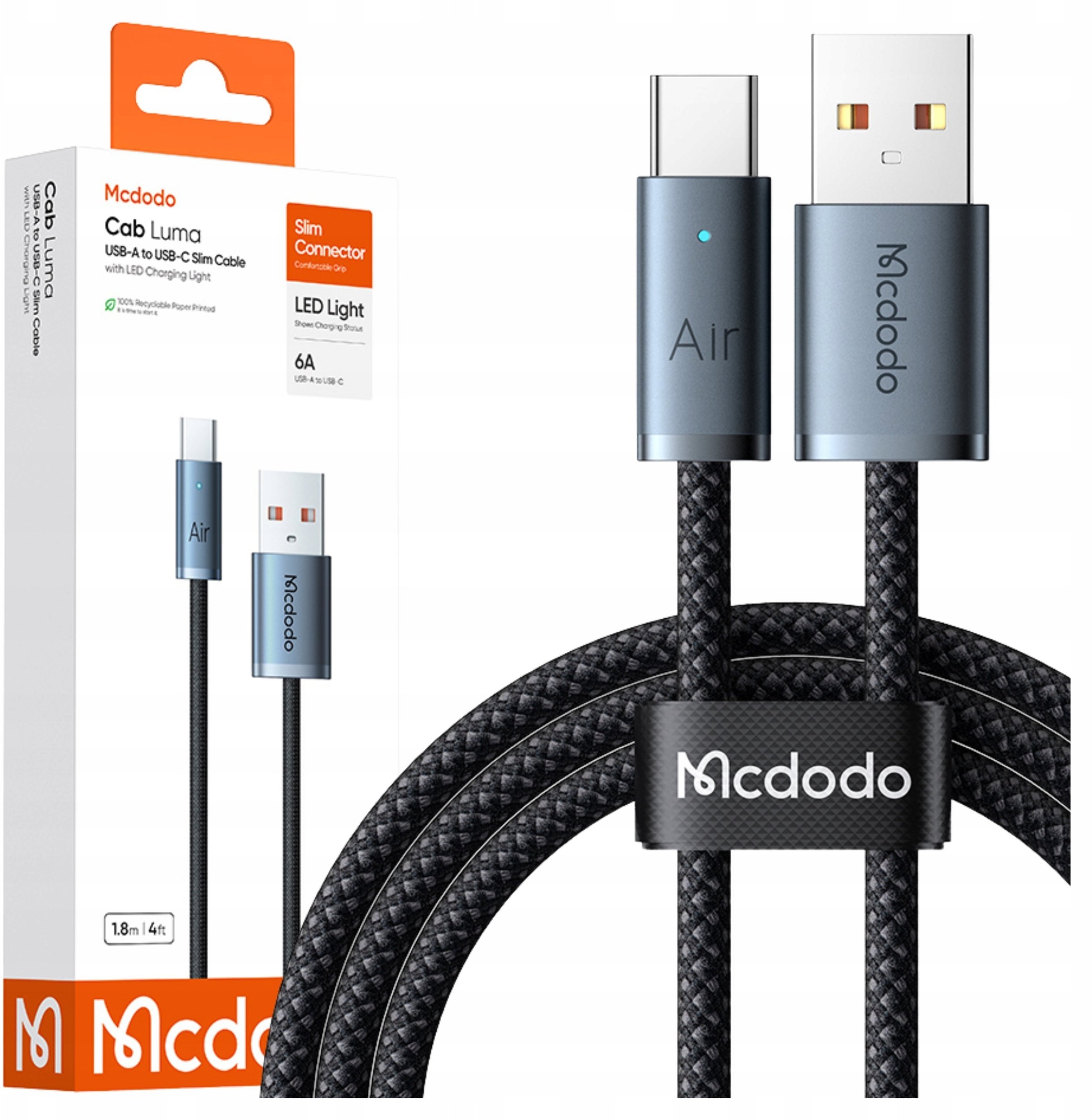Mcdodo MCDODO KABEL USB-A USB-C SZYBKIE ŁADOWANIE USB TYP C 6A 100W 2M LED CZARNY