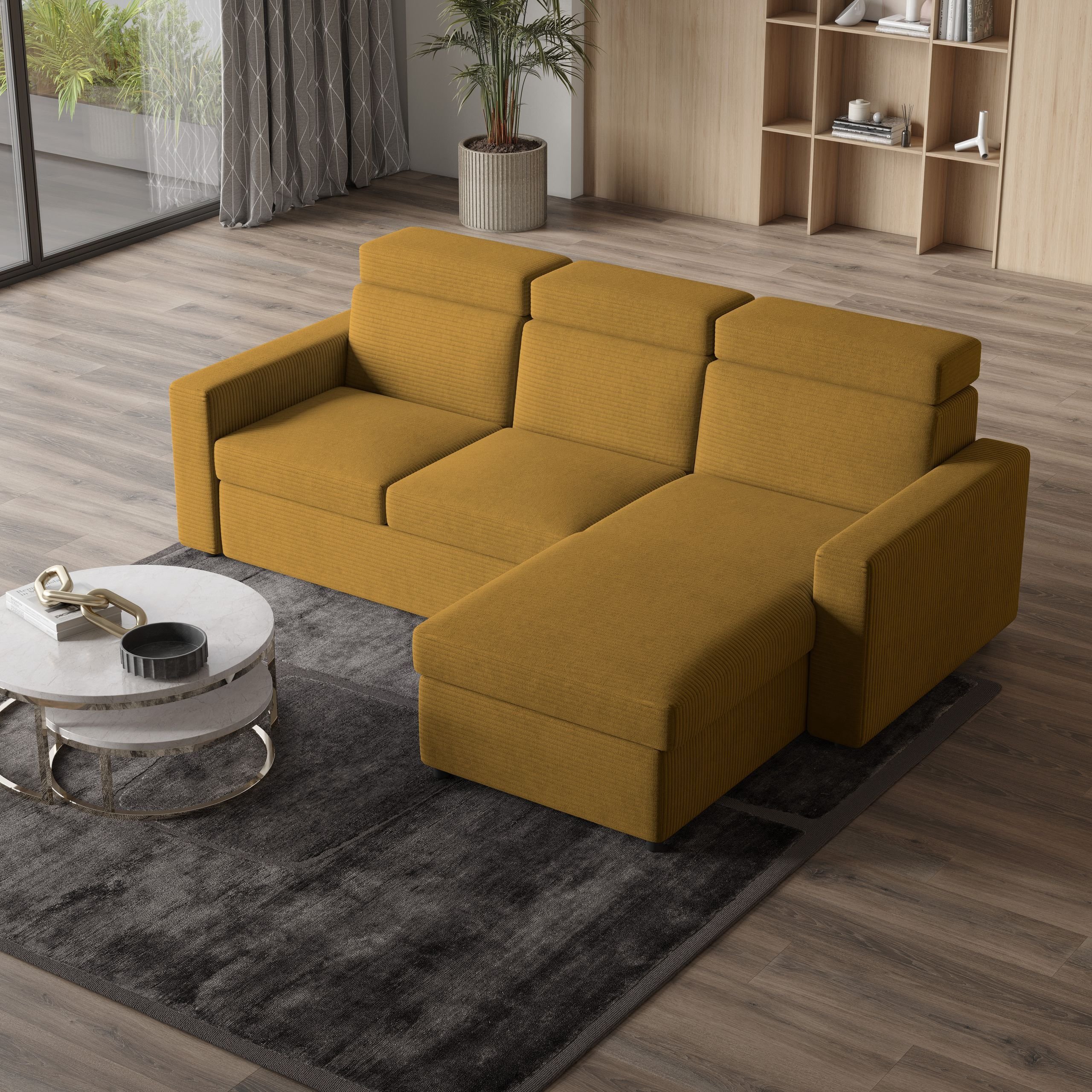 Masseno Narożnik PADWA z funkcją spania i pojemnikiem na pościel Kształt L, Rozkładana sofa, Rogówka - Żółty, POSO 01
