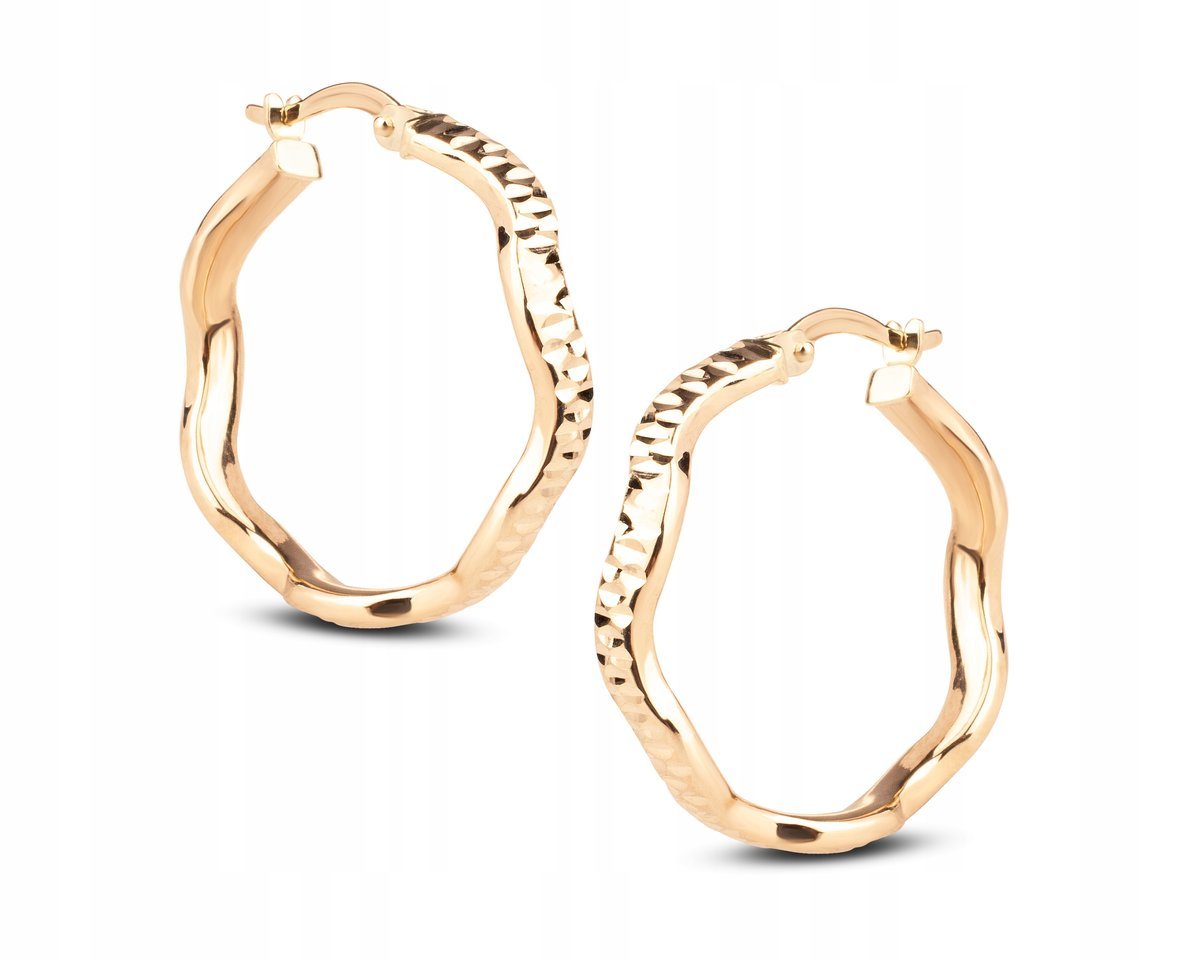 ZŁOTE FALOWANE KOLCZYKI KÓŁECZKA Z DIAMENTOWANIEM 24 MM 14KT 585