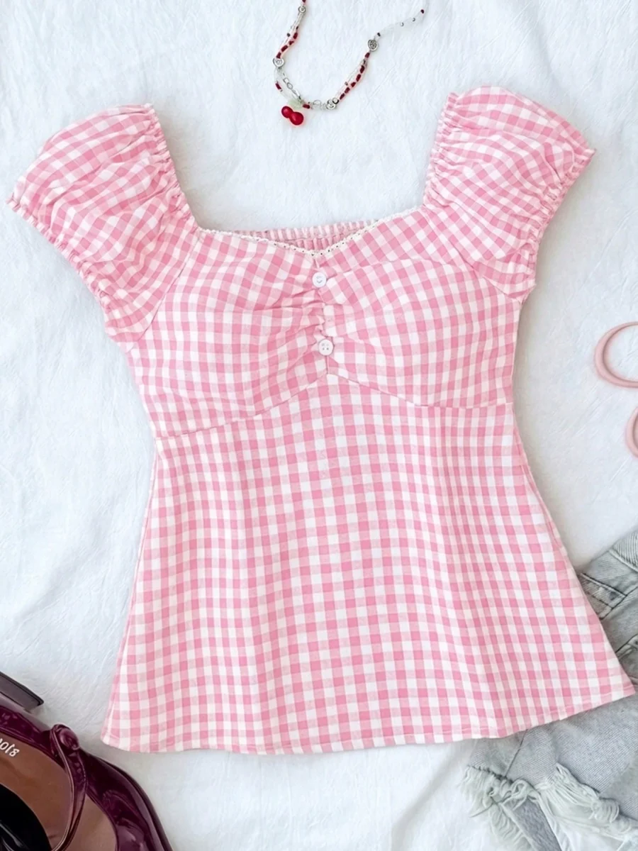 SHEIN RÓŻOWA BLUZKA DZIEWCZĘCA W KRATKĘ Z GUZIKAMI NA LATO 152-158 1MA