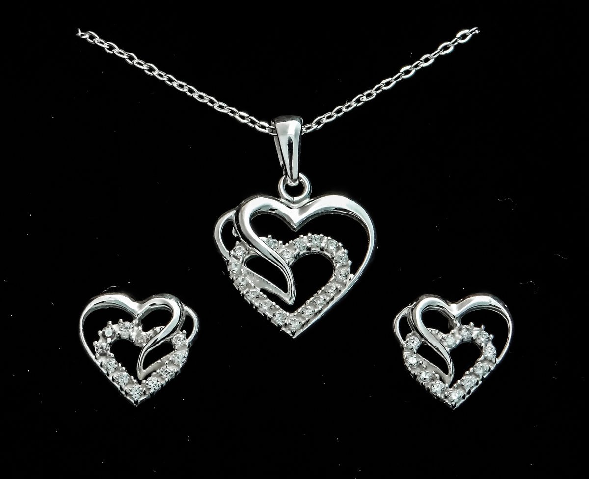 Komplet Biżuterii Srebro 925 Serca, Cyrkonie,Prezent