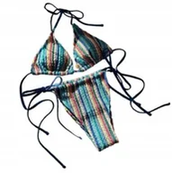 Stroje kąpielowe - Dwuczęściowy dzianinowy strój kąpielowy z wiązaniami w paski niebieski L - miniaturka - grafika 1