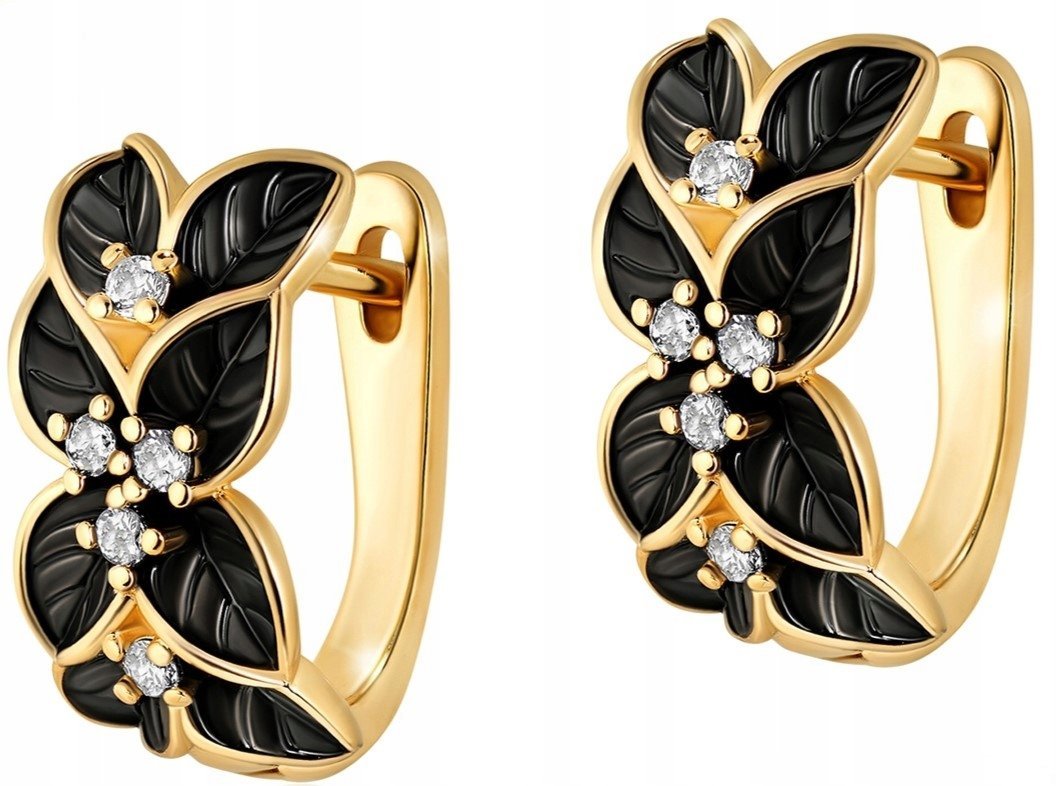 ZŁOTE KOLCZYKI CZARNE KWIATKI ANGIELSKIE POZŁACANE ELEGANCKIE WYJĄTKOWE