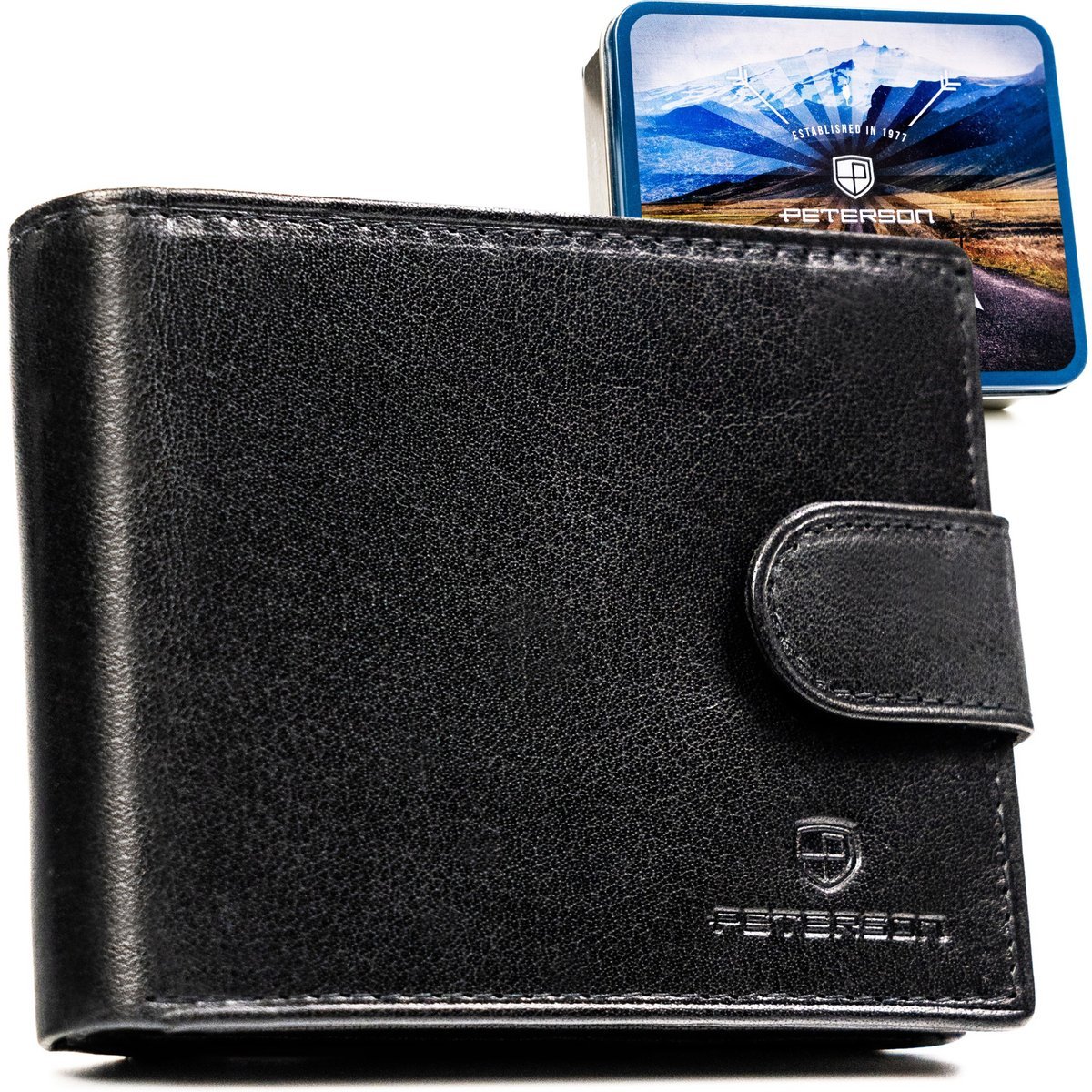 Portfel męski skórzany Peterson elegancki na prezent RFID czarny ze skóry