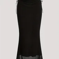 Spódnice - TEMU Elegancka Czarna Spódnica Midi dla Kobiet z Przezroczystym Sznurowaniem - Elastyczna Mieszanka Nylonu, Falbanka na Dołku, Idealna na - miniaturka - grafika 1