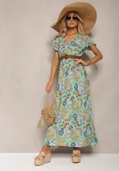 Sukienki - Miętowa Letnia Sukienka z Gumką w Talii z Wiskozy Ozdobiona Wzorem Paisley Uviana - Renee - miniaturka - grafika 1