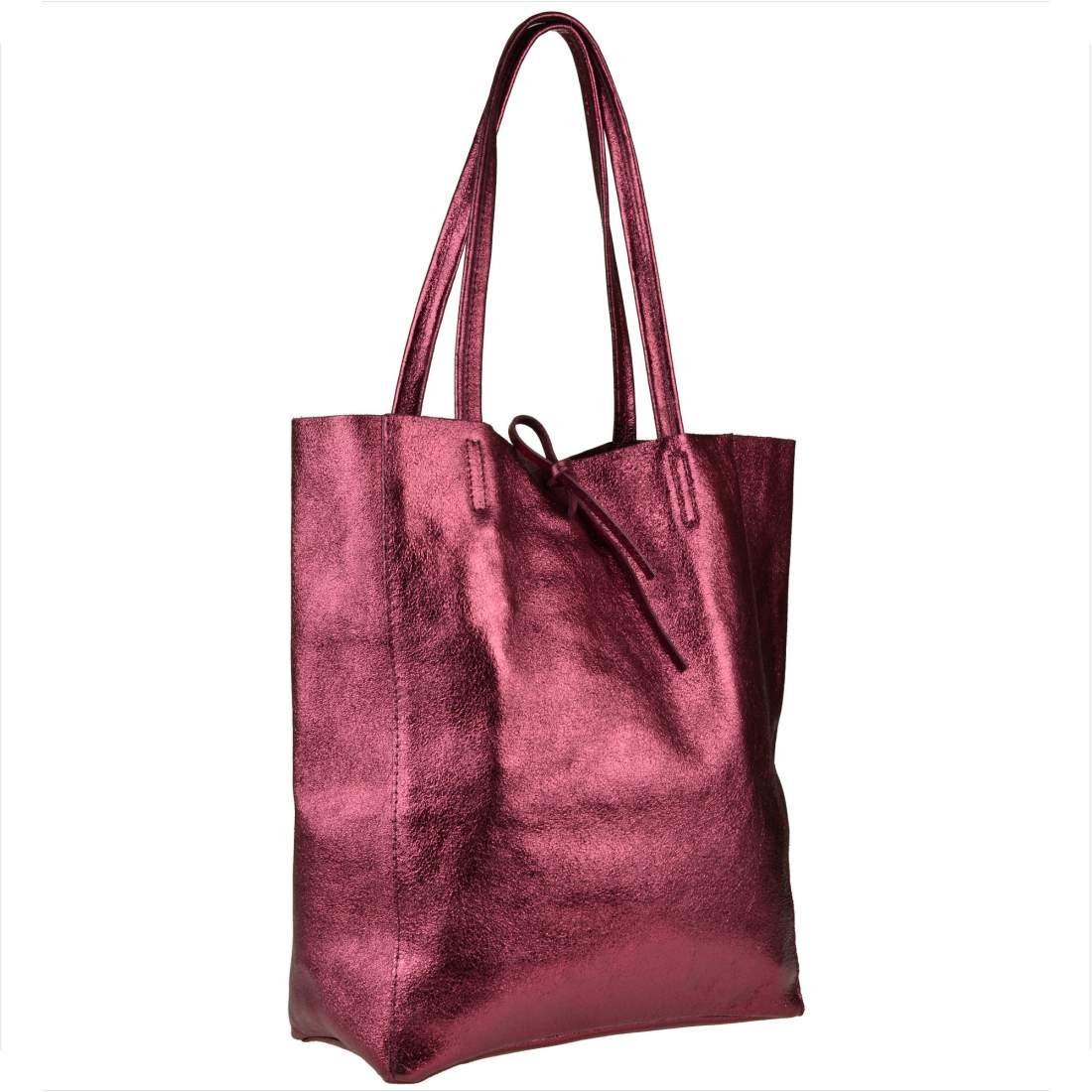 Torebka skórzana lekka shopper bordo metaliczna