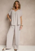 Komplety damskie - Jasnoszary Komplet Bluzka i Luźne Spodnie z Wiskozą i Kieszonkami Efraria - miniaturka - grafika 1