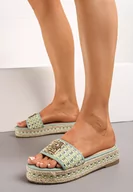 Klapki i japonki damskie - Zielone Boho Klapki na Grubej podeszwie z Metalową Ozdobą Rlosi - miniaturka - grafika 1