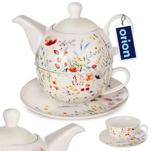 Dzbanek z filiżanką do herbaty zestaw porcelanowy biały 3-ele MAKI ORION 129662 - Filiżanki - miniaturka - grafika 1