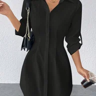 Sukienki - TEMU Letnia Sukienka w Stylu Koszuli, Dopasowana, Jednokolorowa, Okrągły Dekolt, Damska Odzież - miniaturka - grafika 1