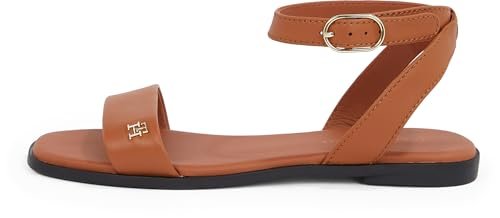TOMMY HILFIGER Damski pasek na kostkę skórzany sandał płaski, brązowy (kora cynamonu), 36 UK, Brązowa kora cynamonu, 39 EU