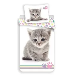Jerry Fabrics Pościel bawełniana 140x200 Kotek 2658 kot Cat biała kolorowe kocie łapki dwustronna poszewka 70x90 - Pościel dla dzieci - miniaturka - grafika 1