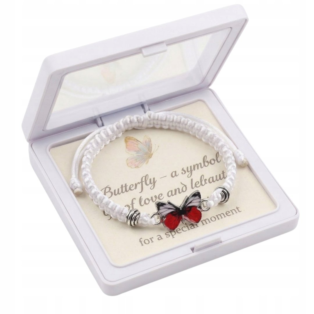 Bransoletka Sznurkowa Biała Regulowana Motyl w Pudełku z Ozdobną Kartką