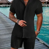 Inne - TEMU Męski swobodny 2-częściowy strój, męski jednolity kolorowy zestaw koszuli z guzikami i szortów na letni strój casualowy - miniaturka - grafika 1