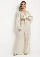 Komplety damskie - Beżowy Komplet Koszula z Szerokim Rękawem i Luźne Spodnie Rossabel - miniaturka - grafika 1