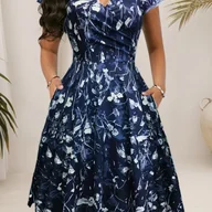 Sukienki - TEMU Damska szara sukienka midi z dekoltem w kształcie litery V i krótkim rękawem, z nadrukiem kwiatowym i kieszeniami - mieszanka poliestru, idealna - miniaturka - grafika 1