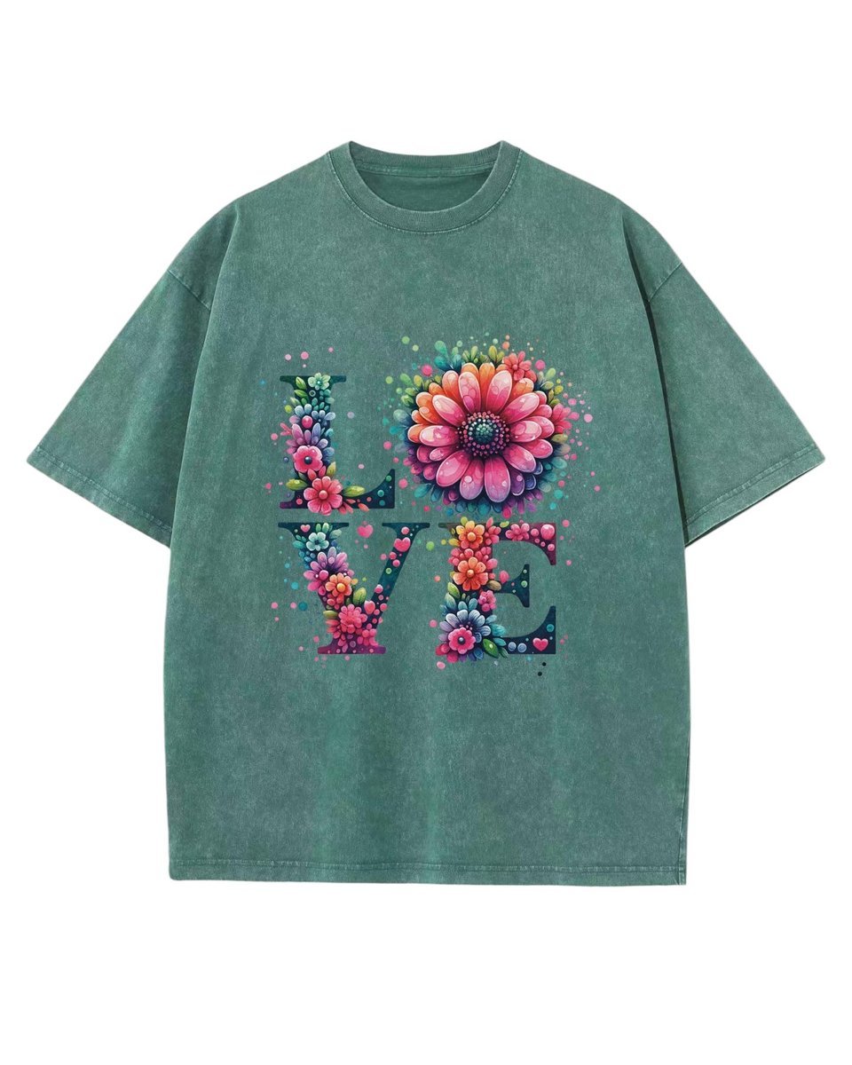 Męska koszulka oversize efekt sprania Miłość Love Kwiaty Zielona S