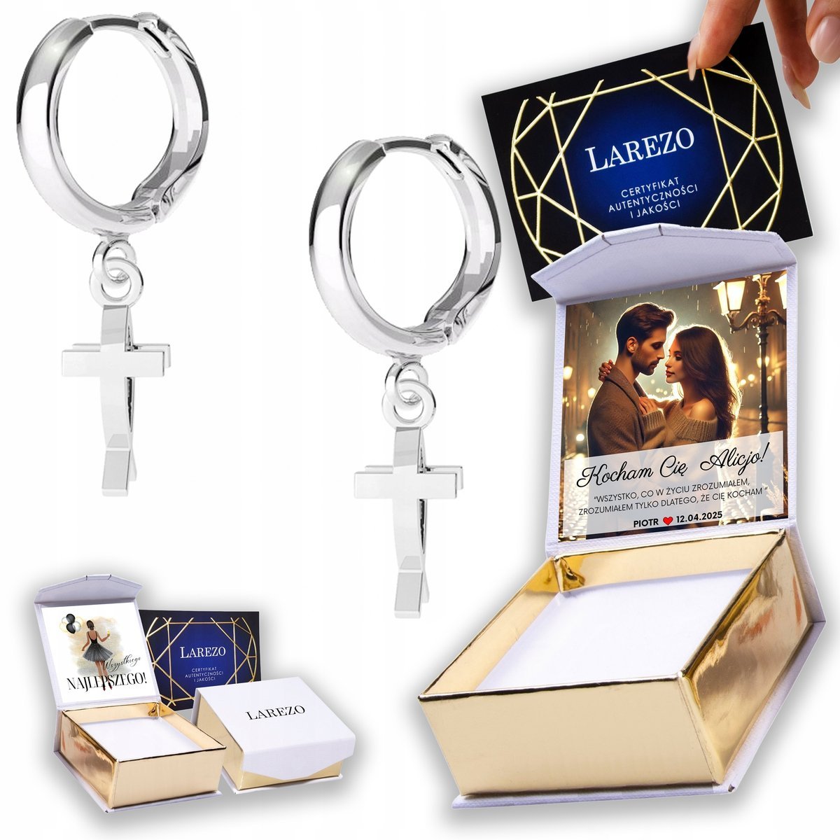 Kolczyki Srebrne 925 Krzyże Rybki Cross Krzyżyki Ryby Krzyż NADRUK