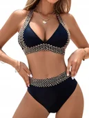 Stroje kąpielowe - DWUCZĘŚCIOWY STRÓJ KĄPIELOWY SEKSOWNE BIKINI OZDOBNE ZŁOTE PASY CZARNY M - miniaturka - grafika 1