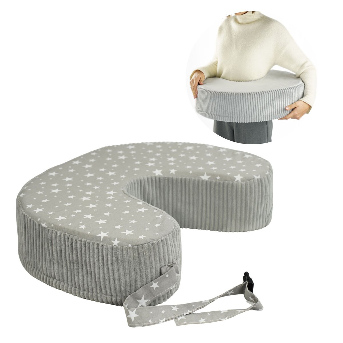Poduszka do karmienia Flumi z pianki z regulowanym paskiem – szara w gwiazdki
