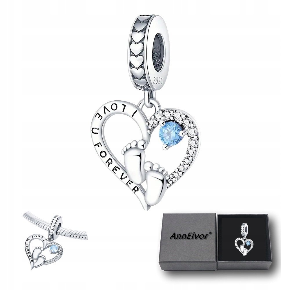Koralik Zawieszka Charms Beads Srebrna S925 Serce Czułe Stopki Kryształki