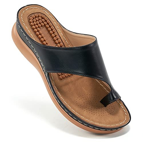 Aomigoct Sandały dla kobiet buty na koturnie: wygodne sandały ortopedyczne damskie eleganckie letnie klapki na co dzień kliny do chodzenia, Czarny, 40.5 EU