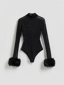 Koszulki i topy damskie - Reserved - Body z metaliczną nicią - czarny - miniaturka - grafika 1