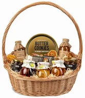 Zestawy upominkowe - Duży kosz prezentowy wiklinowy z ciastkami, miodami i przetworami naturalny - miniaturka - grafika 1