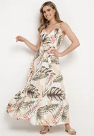 Sukienki - Jasnobeżowa Sukienka na Ramiączkach z Kopertowym Dekoltem i Motywem Florystycznym Obilena - miniaturka - grafika 1