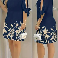 Sukienki - TEMU Sukienka Damska z Kwiatowym Nadrukiem, Frędzlami i Koralikowymi Wzorami. Idealna na Wakacje, Wypoczynek, Codzienne Noszenie i Różne Spotkania - miniaturka - grafika 1