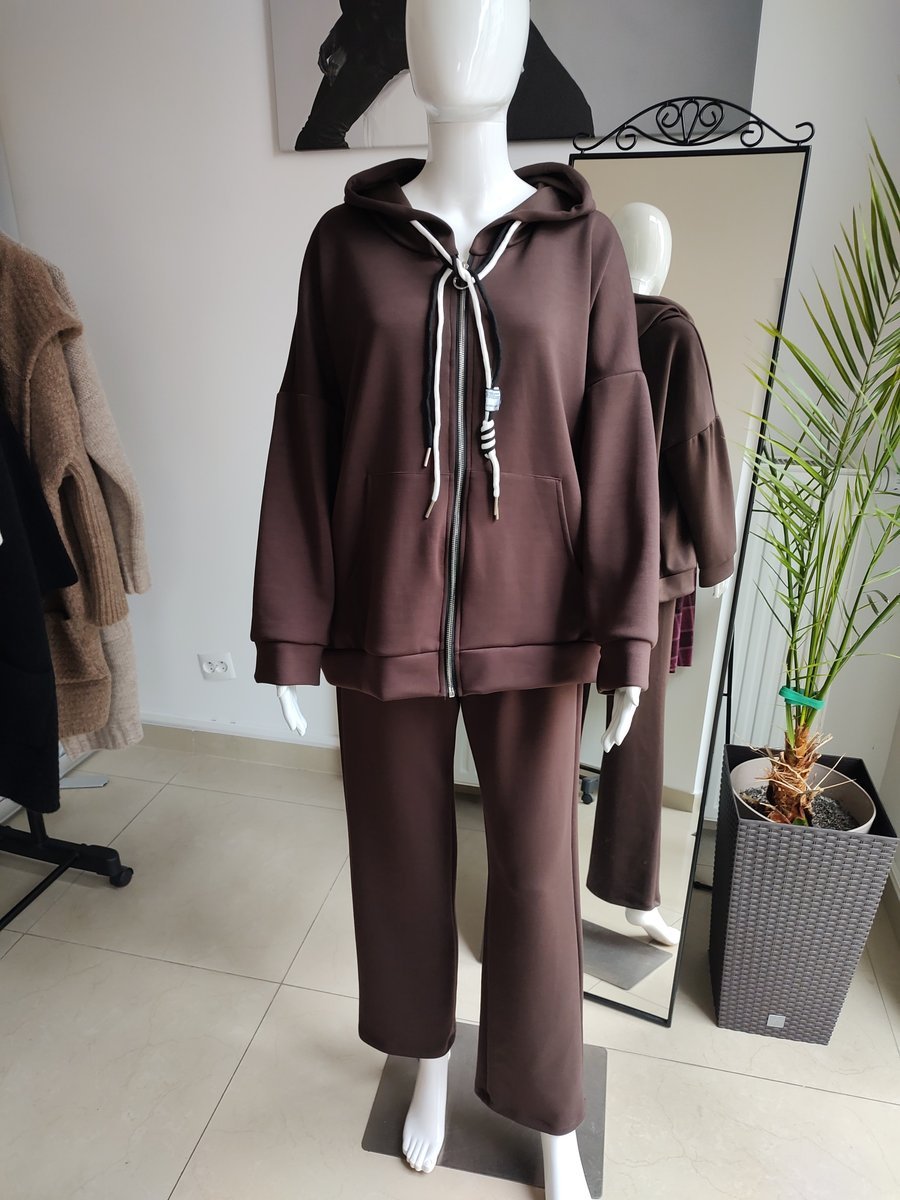 Masełkowy dres oversize z kapturem - czekoladowy One size