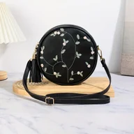 Torebki damskie - TEMU Stylowa damska torba crossbody z frędzlami, mały okrągły design, haftowane płatki, minimalistyczna torba na ramię, świeża torba na telefon. - miniaturka - grafika 1