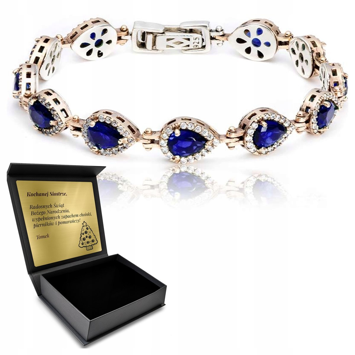 Bransoletka Srebrna Z Cyrkoniami I Szafirem Ręcznie Robiona Piękna + Grawer