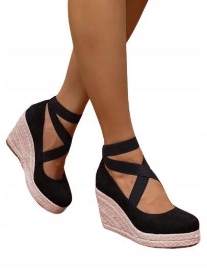 SHEIN CZARNE ESPADRYLE NA KOTURNIE Z PASKAMI 38 11DB