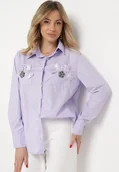 Koszule damskie - Fioletowa Koszula na Biżuteryjne Guziki ze Zdobionymi Kieszeniami Nerlla - miniaturka - grafika 1