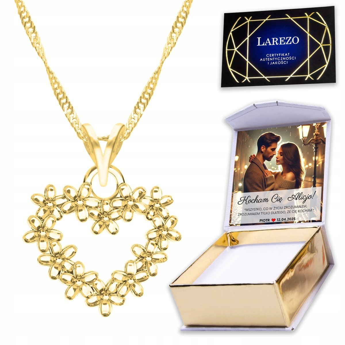 Złoty Naszyjnik 925 z Sercem Kwiatami Serce w Kwiaty Kwiatek Heart + NADRUK