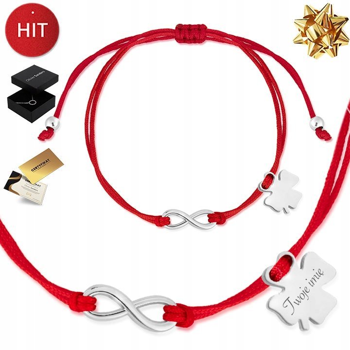 Bransoletka Na Sznurku Czerwona Damska 925 Grawer Koniczyna Nieskończoność