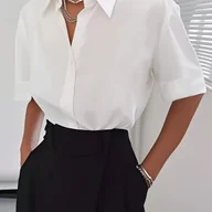 Koszule damskie - TEMU Bluzka Damska Elegancka Biała z Krótkim Rękawem i Detalami Guzików - Stylowa Koszula z Kołnierzykiem na Codzień i do Pracy, Idealna na Dojazdy i - miniaturka - grafika 1