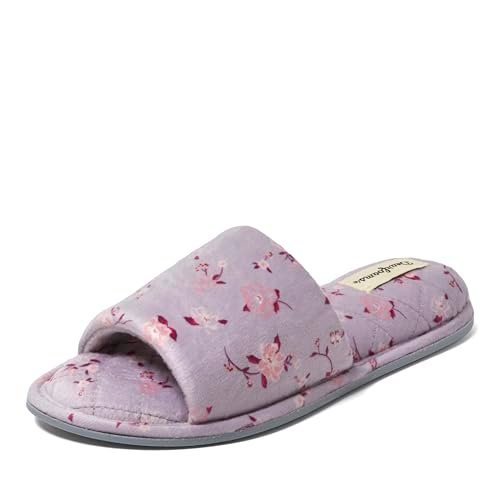 Dearfoams Damskie letnie kapcie z pianki z pamięcią kształtu, fioletowy welur kwiatowy, 7/8 UK, Fioletowy welur kwiatowy, 7/8 UK