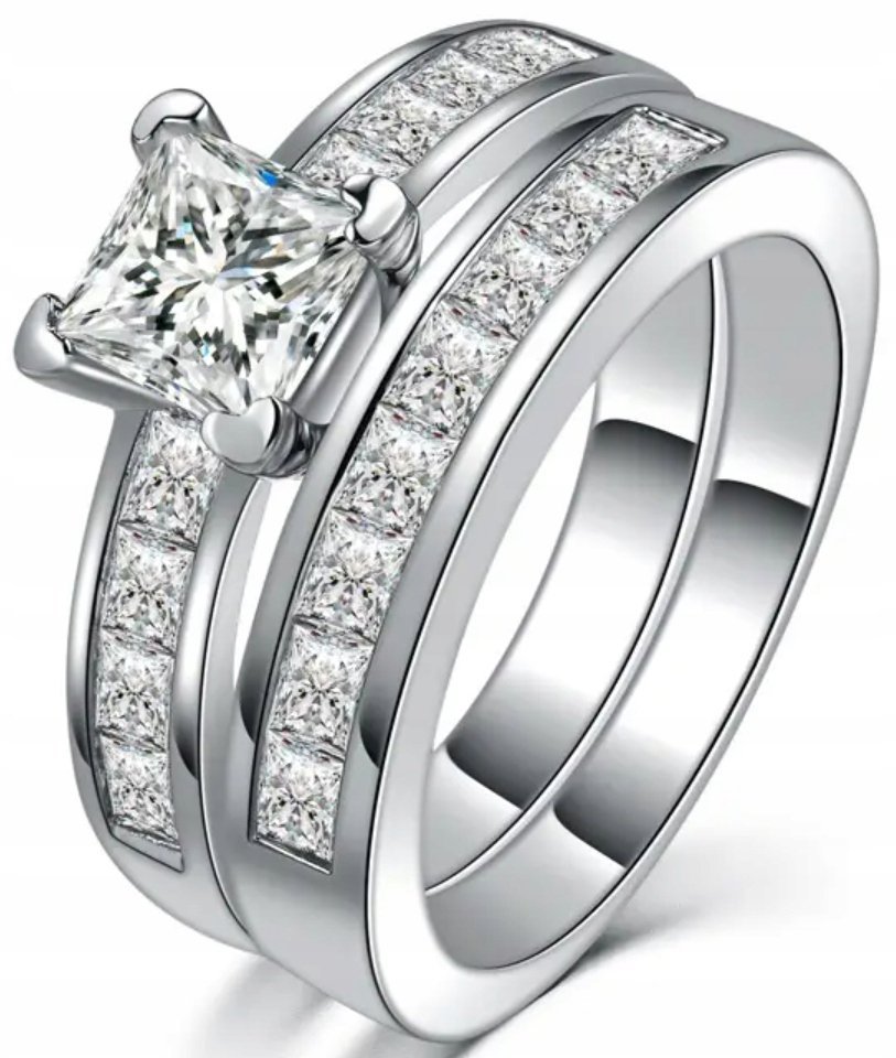 Srebrny Pierścionek z Cyrkonią Cubic Podwójny Cyrkonie Stal Chirurgiczna