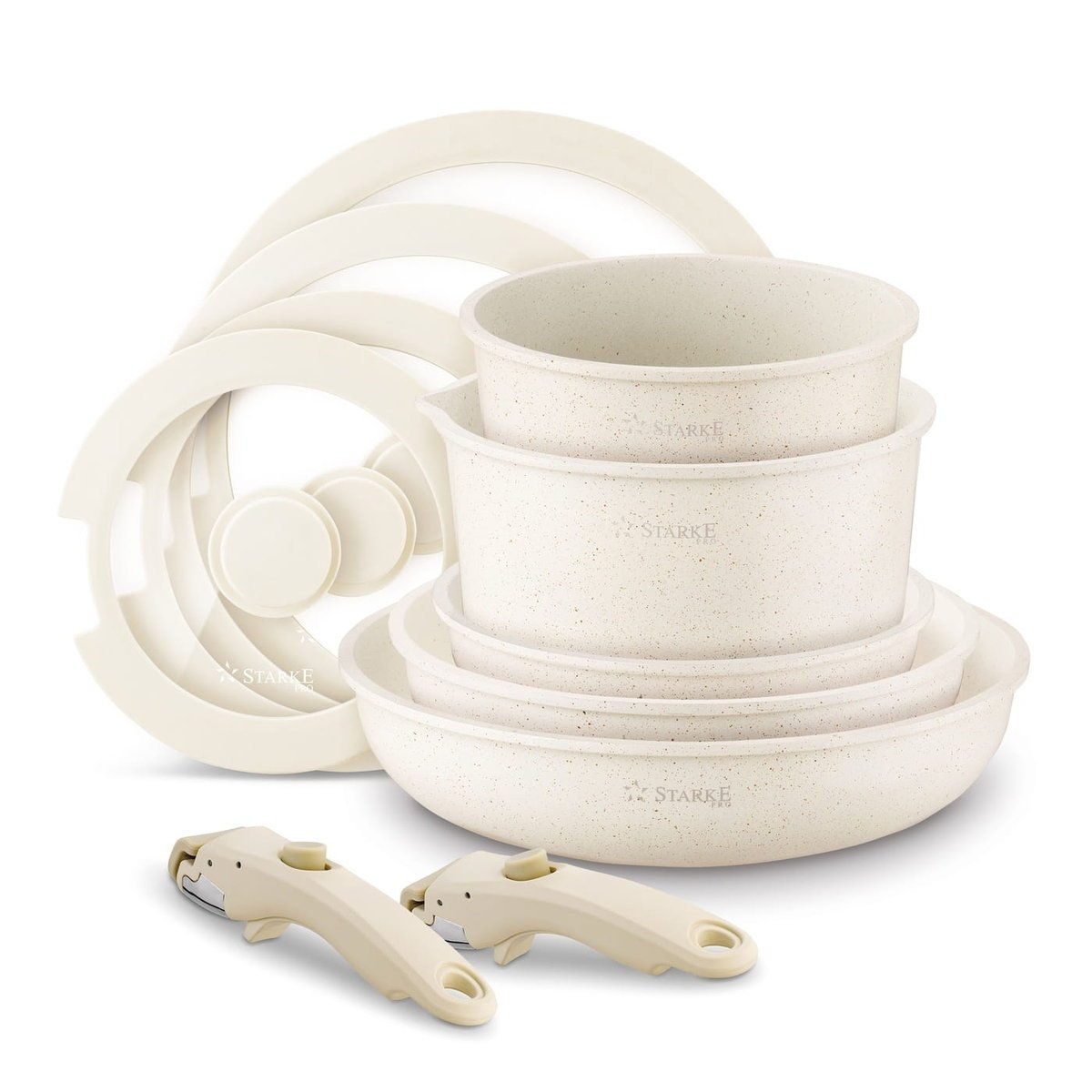 Zestaw garnków na indukcję z powłoką non-stick 11 elementów odpinany uchwyt kremowe