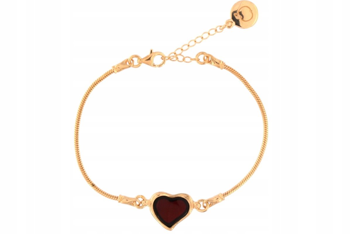 Bransoletka srebrna pozłacana z bursztynowym wiśniowym sercem - regulowana