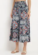 Spodnie damskie - Granatowe Bawełniane Spodnie Culotte z Wysokim Stanem i Gumką w Talii w Boho Stylu Olovia - miniaturka - grafika 1