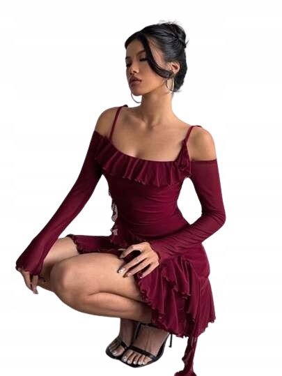 SHEIN BORDOWA SUKIENKA Z FALBANAMI I ODKRYTYMI RAMIONAMI 34 1GC