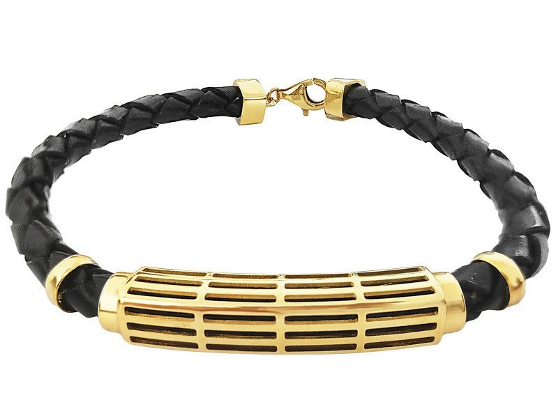 Złota męska bransoleta 585 z ażurowym elementem na skórzanym pasku